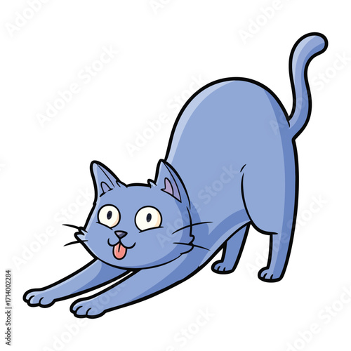 Playful Cat's Stretch: A whimsical illustration capturing a cute blue cat in a dynamic stretch, tongue playfully lolling out, epitomizing feline flexibility.