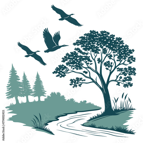 Three geese flying over a winding river and lush trees in a serene natural landscape