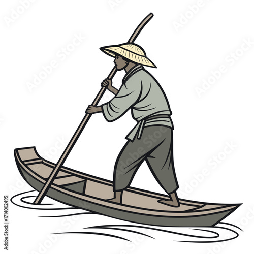 Traditional asian farmer wearing a conical hat poles a long narrow boat through calm water