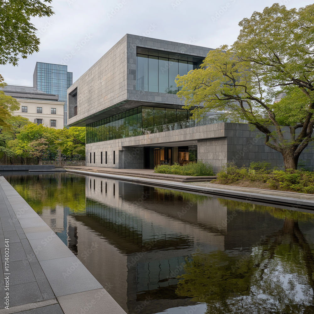 Fototapeta premium A three-story modern art museum building made of gray concrete