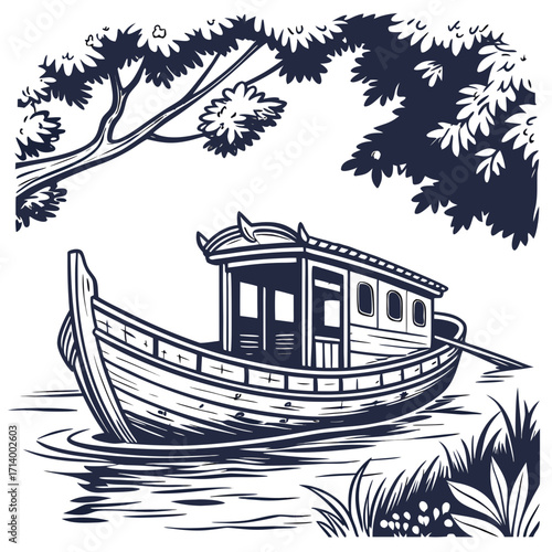 Traditional wooden boat with a covered cabin floats on calm water under a leafy tree