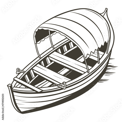 Traditional wooden rowboat with a canvas canopy floating on calm water in a simple line art style