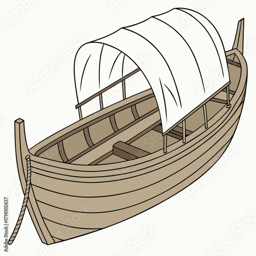 Traditional wooden rowboat with a white canvas canopy providing shade on a clear white background
