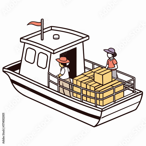 Two people loading cargo boxes onto a small boat with a cabin and a flag