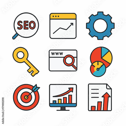 SEO badge, graph, gear, key, website search, pie chart, target, analytics, report growth