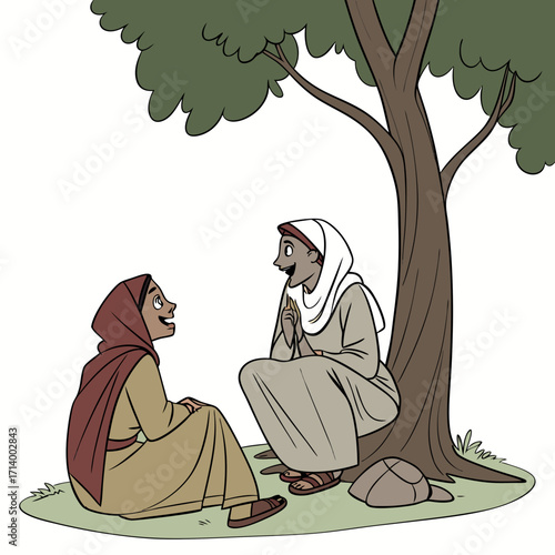 Two women in traditional clothing sharing a conversation while sitting under a large tree on a sunny day