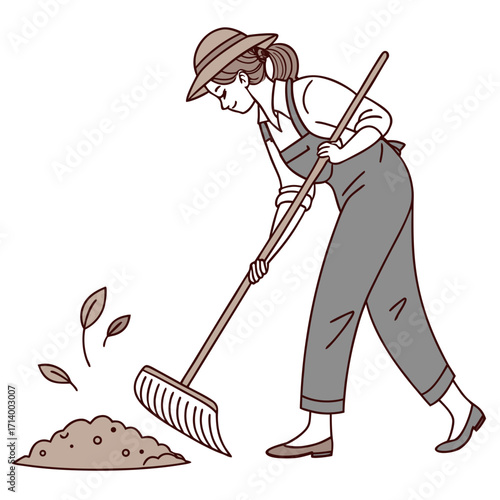 Woman wearing overalls and a hat raking leaves and dirt in a garden or yard