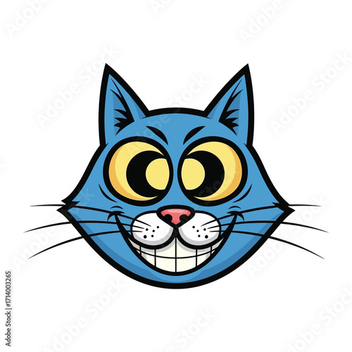 Cartoon Cat's Happy Face: A whimsical illustration of a cheerful cartoon cat face with a toothy grin, expressing pure joy and playful vibes. 