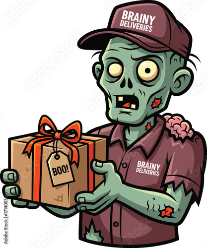 Zombie delivery man holding gift box with "BOO!" tag, cartoon Halloween character, brainy deliveries uniform, spooky holiday theme