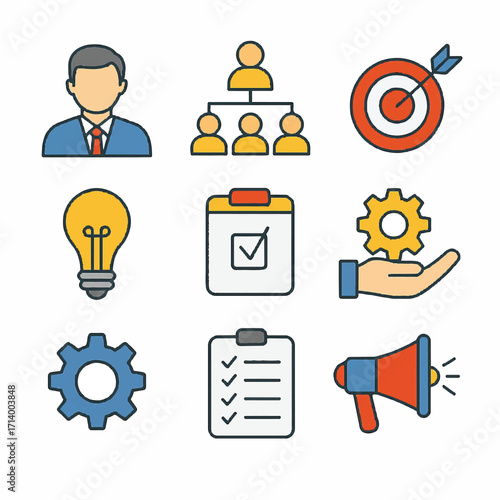 leader, hierarchy, target, idea bulb, checklist, gear hand, cog, tasks, megaphone