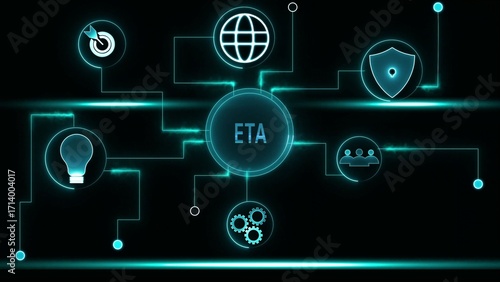 ETA network diagram with icons for goals, globe, shield, people, gears, and lightbulb estimated time of arrival
