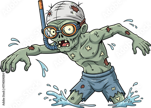 Cartoon zombie swimmer illustration wearing snorkel mask, swim cap, dripping water, scary undead character, creepy beach monster, funny halloween design, vector art style