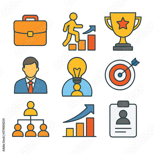 briefcase, ladder climb, trophy, idea bulb, target, hierarchy, growth chart, ID badge