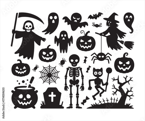 Halloween icons set spooky silhouettes for holiday design projects