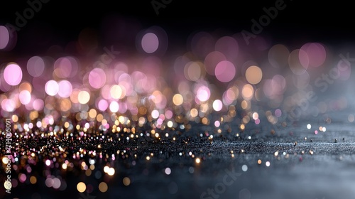 Golden Glitter Lights Bokeh Abstract Background with Sparkles and Dark Surface