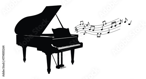 Elegant black piano silhouette with floating musical notes illustration