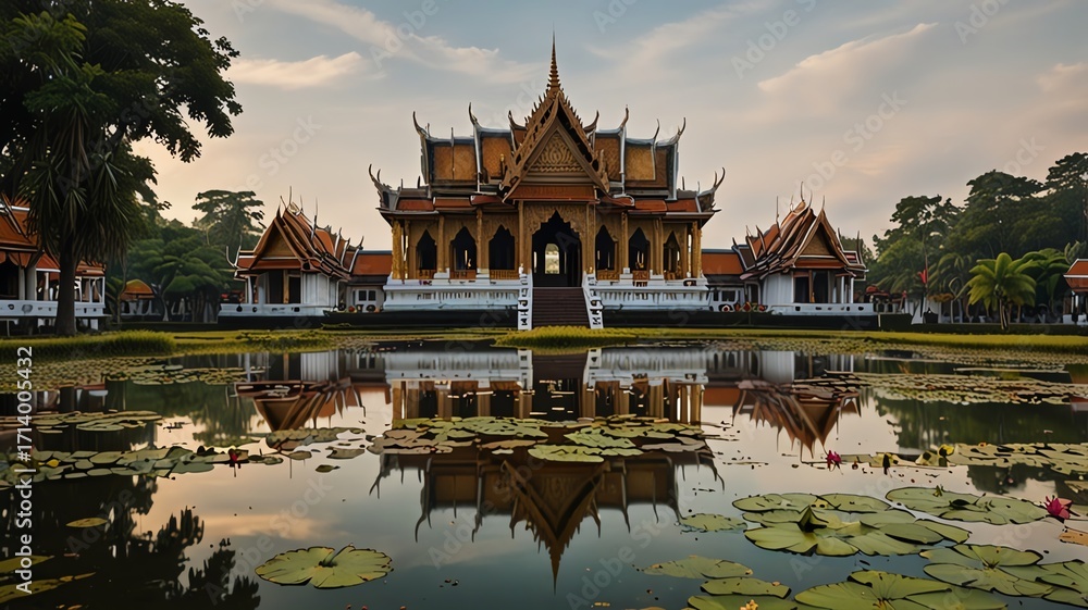 Obraz premium Majestic temple reflection on tranquil water at sunset, serene Asian architecture, peaceful travel, cultural landmark, tropical landscape.