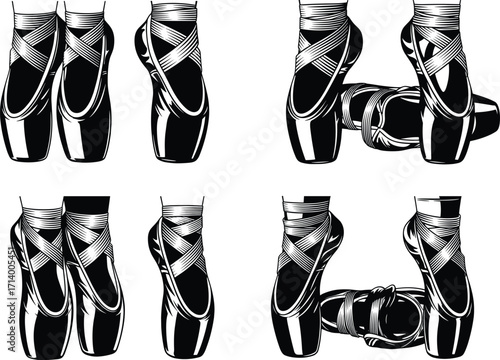 Ballet Pointe Shoes Collection, Black and White Vector Set, Dance Footwear, Classic Ballerina Shoes for Art, Design, and Performance Themes