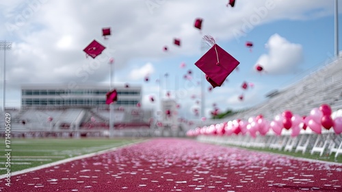 Graduation Caps Tossed Against Blue Sky and Stadium Background Celebrating Achievement and Success with Maroon Confetti and Pink Balloons Outdoors