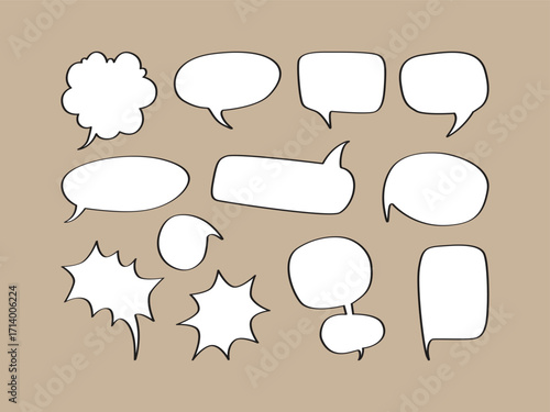 Set of blank comic speech bubbles, cartoon chat and dialogue baloons. Hand drawn vector illustration with a black outline