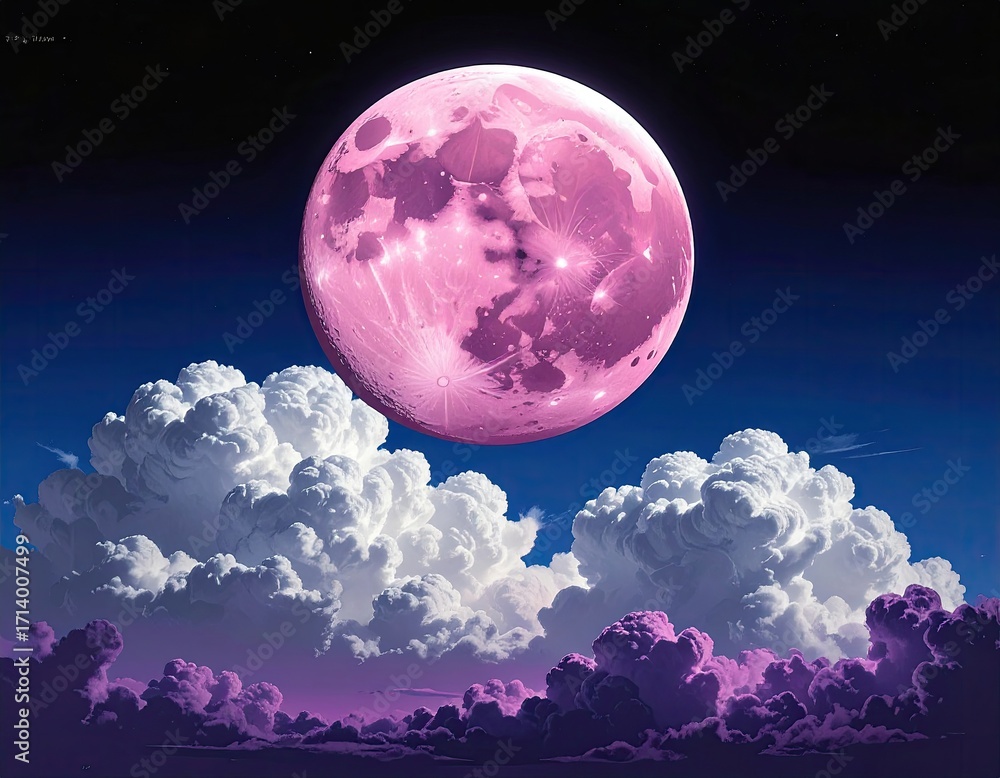 Obraz premium Pink Moon Rising Over Purple and White Cloudscape