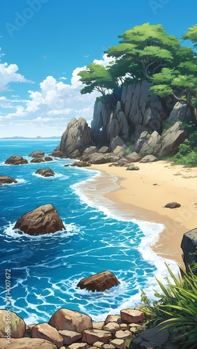 Coastal Landscape Illustration – Serene Beach Scene
