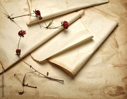 Aged Paper and Dried Flowers on Textured Background in Beige and Red Tones with Antique Aesthetic