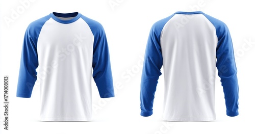 Front and back view of a white long-sleeve t-shirt with  a royal blue raglan sleeve