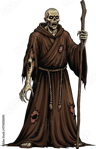 Zombie monk, undead priest, decaying robed figure, horror fantasy character, spooky religious ghost, cartoon horror illustration, dark fantasy monster