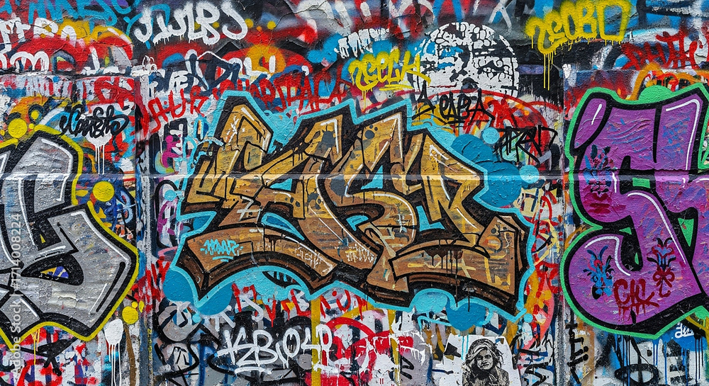 Obraz premium Vibrant and chaotic graffiti art covering a textured urban wall