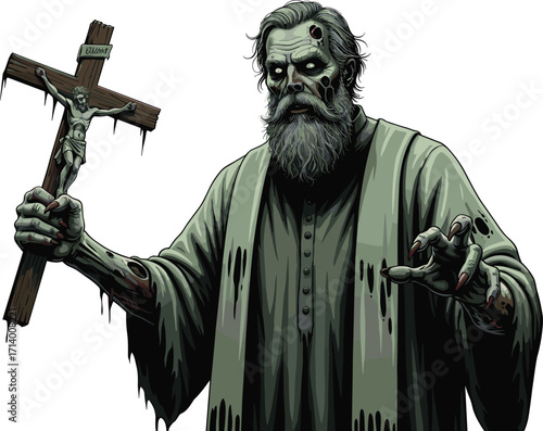 Zombie priest, undead clergyman, horror religious figure, dark fantasy character, decaying monk with crucifix, spooky vector illustration, gothic horror monster