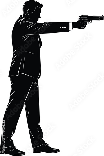 Man in Suit Holding Pistol, Black Silhouette Vector, Gangster or Secret Agent, Shooting Pose, Crime and Action Scene Design Element