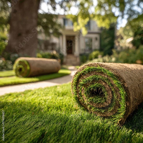 Wallpaper Mural Rolled sod resting on a lush green lawn, with a house in the background Torontodigital.ca