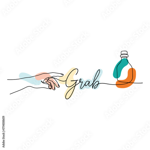 Hand reaching for a bottle next to "Grab" text for promotional marketing