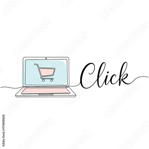 Laptop with shopping cart icon and "Click" text for online shopping promotions