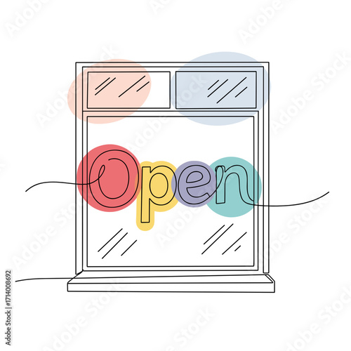 Open shop window with colorful "Open" sign for Black Friday sale promotion