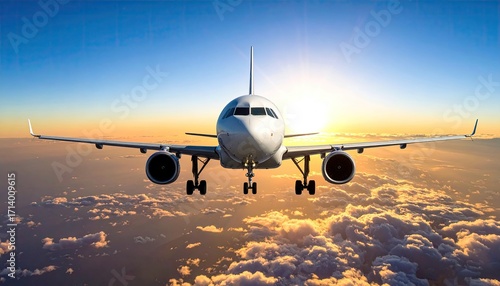 Airplane Flying Above Clouds During Golden Sunset with Clear Blue Sky Background and Wing View