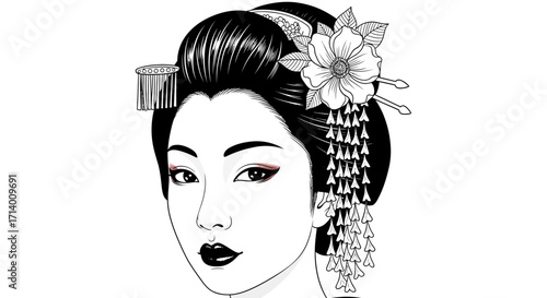 Elegant Geisha Portrait A Traditional Japanese Beauty in Black and White