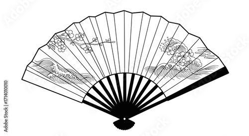 Elegant Japanese sensu fan with a traditional nature design of cherry blossoms and waves, isolated on a white background