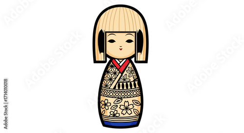 Traditional Japanese Kokeshi Doll Illustration on White Background