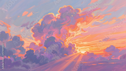 A vibrant sky filled with fluffy clouds painted in shades of pink orange and purple at sunset or sunrise
