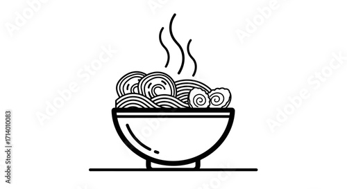 Minimalist black and white line art illustration of a steaming bowl of hot noodles, perfect for food-related designs, menus, or Asian cuisine concepts, emphasizing warmth and simplicity