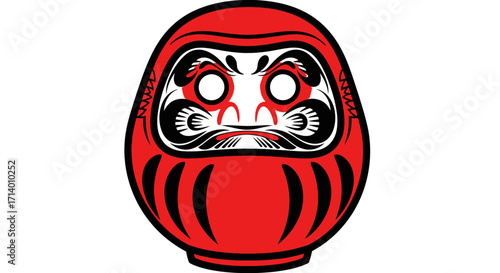 Stylized graphic of a traditional red Japanese Daruma doll, a cultural symbol for good fortune and goal setting