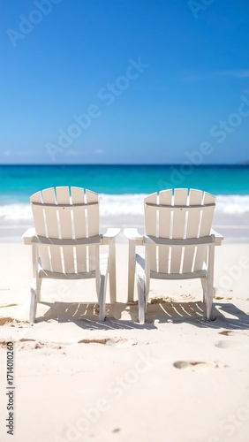 Two white Adirondack chairs on a pristine beach