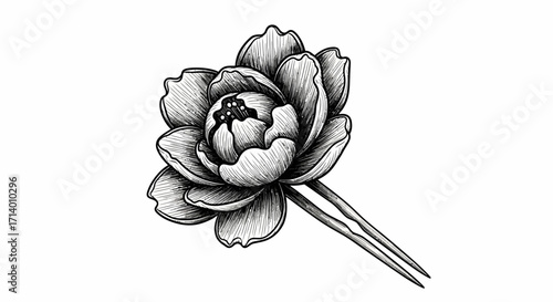 A delicate black and white illustration of a peony flower as a hairpin