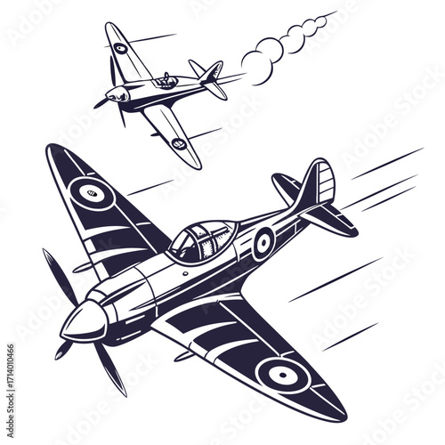 Vector art of two vintage world war ii fighter planes in flight, one plane is trailing smoke, adding a sense of action and drama to the scene the planes are depicted in a classic, retro style