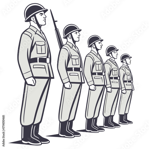 Illustration of a military parade formation, featuring soldiers in uniform and helmets standing in line, symbolizing discipline, honor, and service