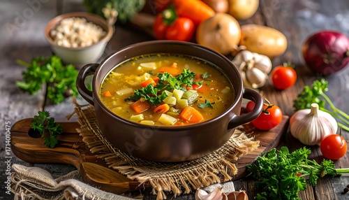 Hearty vegetable soup in a bowl, surrounded by fresh ingredients