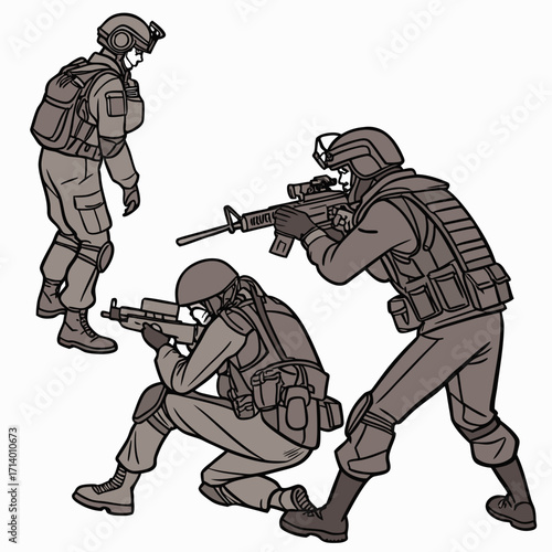 Vector art of three soldiers in combat gear are depicted in a dynamic illustration, one standing guard while two take aim, , showcasing teamwork and readiness for action