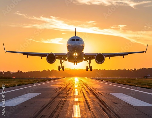 Airplane Taking Off at Golden Sunset Over Runway with Fluffy White Clouds in Blue Sky Cinematic Hdr Nature Photography